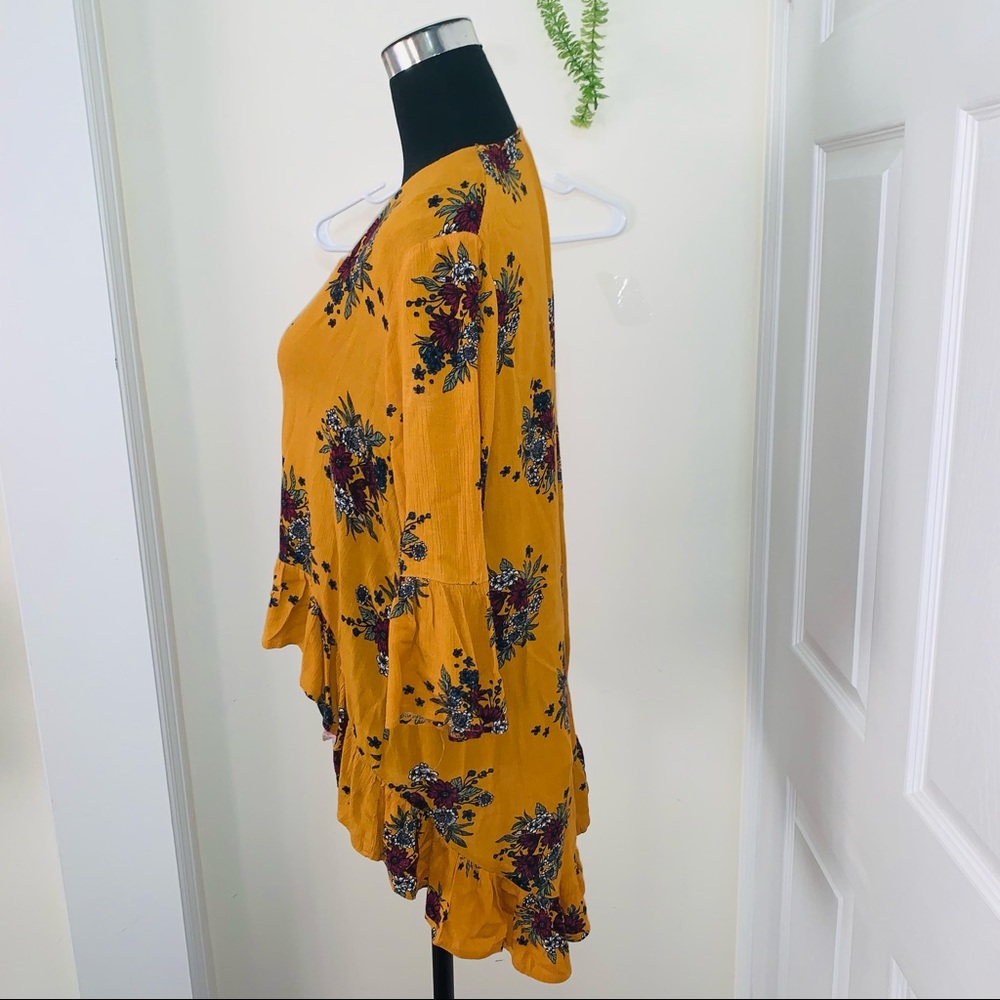 Suzy Shier boho Mustard Floral High Low Tunic Top